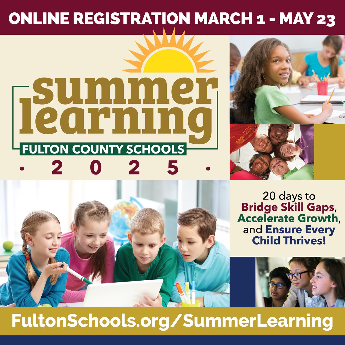 FultonCoSchools's tweet photo. FCS Summer Learning is the perfect way to:
✅ Build confidence in reading &amp; math 
✅ Retake a course to stay on track 
✅ Get ahead before next school year 

📆 Registration closes May 23—Don’t wait!
🔗 https://t.co/26oC4ayvDU

#FCSsummerlearning #FultonCountySchools https://t.co/6iFmJT23JR