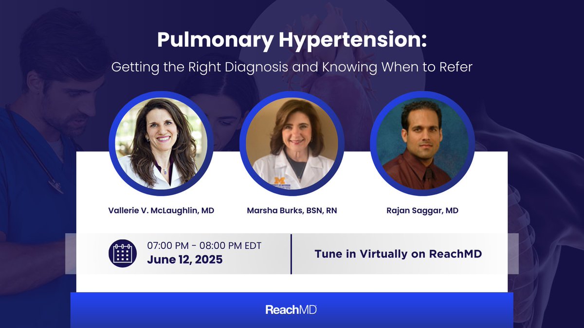 ReachMD (@reachmd) on Twitter photo When treating #PulmonaryHypertension, timing is everything. Join us on 6/12 for a live, expert-led discussion about improving diagnostic accuracy and streamlining referrals for optimal care.
Register now: ow.ly/eTCq50Vw1tY
#LiveBroadcast #MedEd #CME <a href="/ValMcLaughlinMD/">Vallerie McLaughlin</a> When treating #PulmonaryHypertension, timing is everything. Join us on 6/12 for a live, expert-led discussion about improving diagnostic accuracy and streamlining referrals for optimal care.
Register now: ow.ly/eTCq50Vw1tY
#LiveBroadcast #MedEd #CME <a href="/ValMcLaughlinMD/">Vallerie McLaughlin</a>