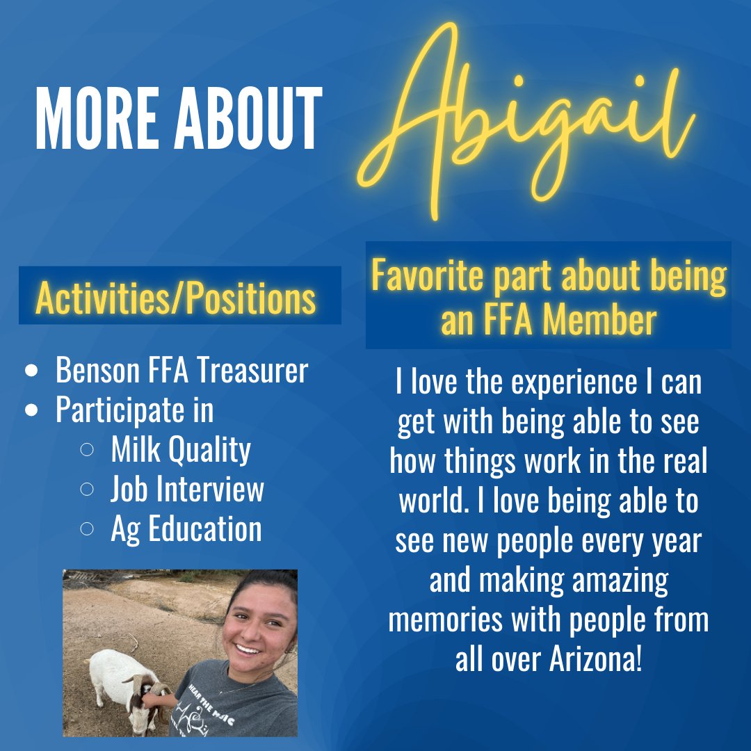 Today we are highlighting Abigail Gonzales! Abigail is a member of Benson FFA and is the current chapter treasurer.

Use this link to fill out the form for a chance to be highlighted on our social media!
bit.ly/AZFFAMemberHig…