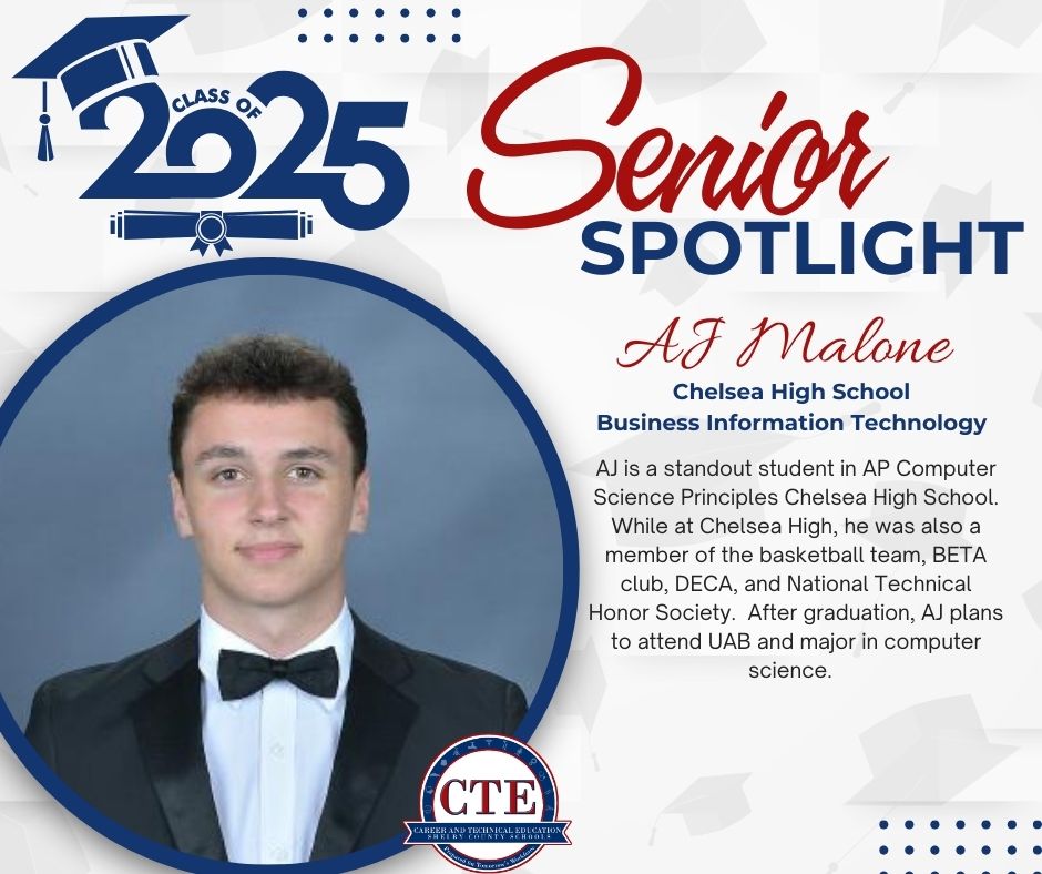 During the month of May, we are spotlighting seniors who are in our CTE programs who plan to pursue a career in that same program! Congratulations to AJ Malone Chelsea High School! #senior #CHHS #computerscience