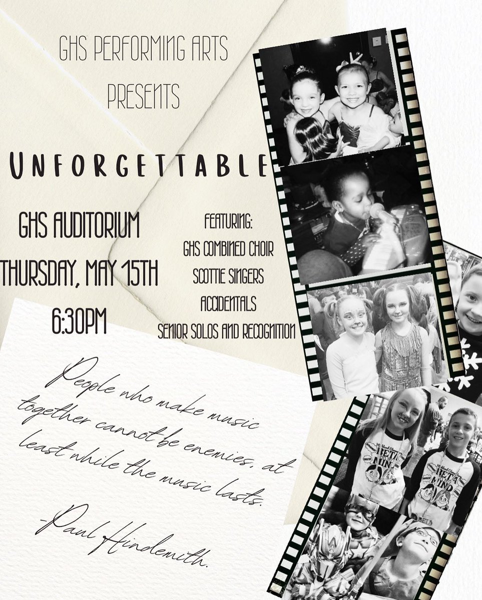 Join us THIS Thursday, May 15th at 6:30pm in the GHS Auditorium for our Choral Finale! You can expect some great tunes and a memorable time as we recognize our choir seniors, and their commitment over the course of this year and throughout their high school experience! 🩵💙
