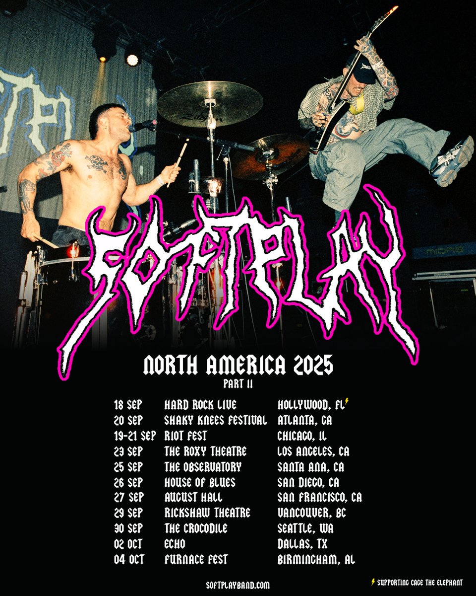SOFT PLAY (@softplayband) on Twitter photo North America we are back in sept/oct. Kicking things off with a bucket list show supporting <a href="/CageTheElephant/">Cage The Elephant</a> 🇺🇸 🇨🇦
Pre-sale tickets live on 14th May at 10am CST, and general sale starts 16th May at 10am CST. Sign up to gain access to pre-sale xx softplay.os.fan/us-signup North America we are back in sept/oct. Kicking things off with a bucket list show supporting <a href="/CageTheElephant/">Cage The Elephant</a> 🇺🇸 🇨🇦
Pre-sale tickets live on 14th May at 10am CST, and general sale starts 16th May at 10am CST. Sign up to gain access to pre-sale xx softplay.os.fan/us-signup