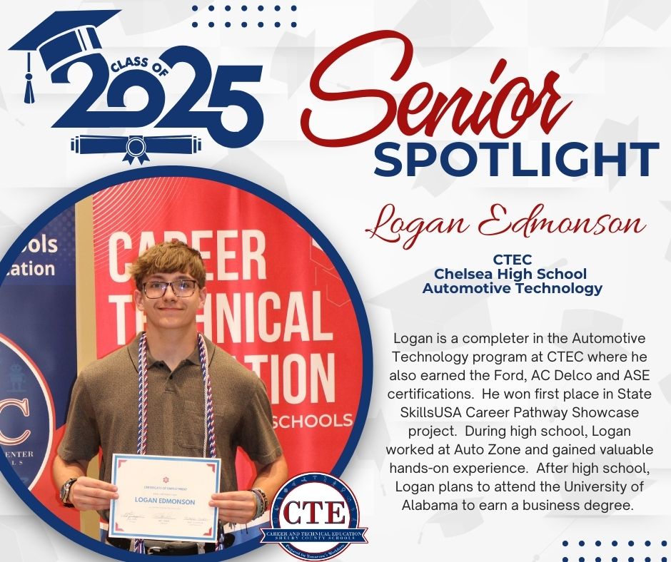 During the month of May, we are spotlighting seniors in our CTE programs! Congratulations to Logan Edmonson from Chelsea High School! #senior #OMHS #automotive #automotivetechnology