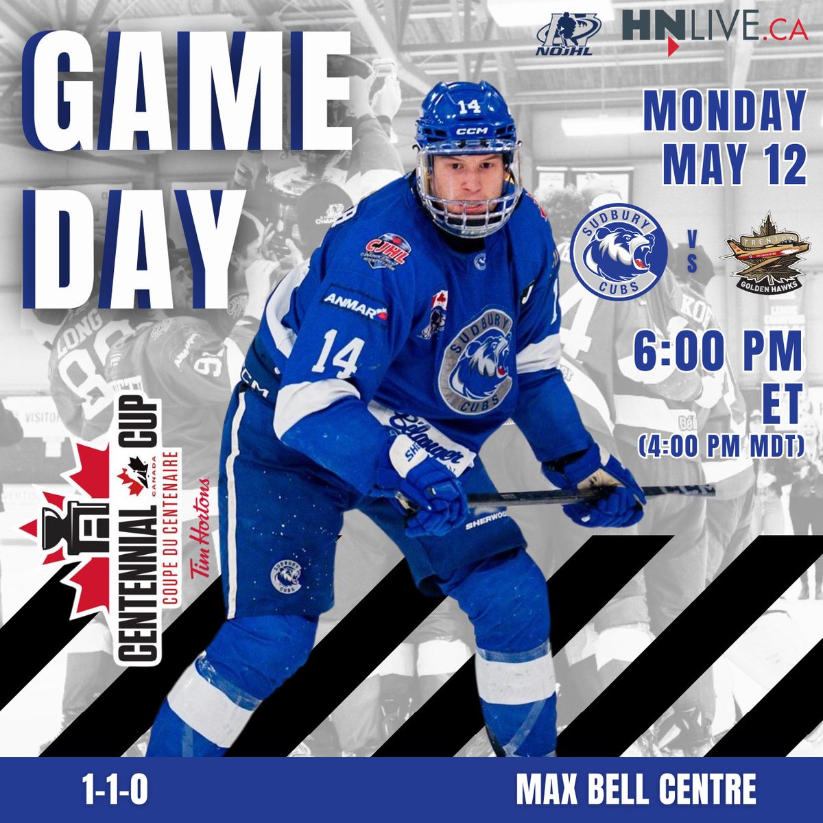 Another #CubsCountry game day is here! Let’s do this! 💪🏼 

📍: Max Bell Centre 
🗓️: May 12, 2025
⏰: 4:00 PM MDT / 6:00 PM EST 
🆚: Trenton Golden Hawks 
📺: HN Live / <a href="/HNLiveCA/">HNLive</a> 

 #NOJHL #BearDown #BearWitness #gameday #CJHL #CentennialCup