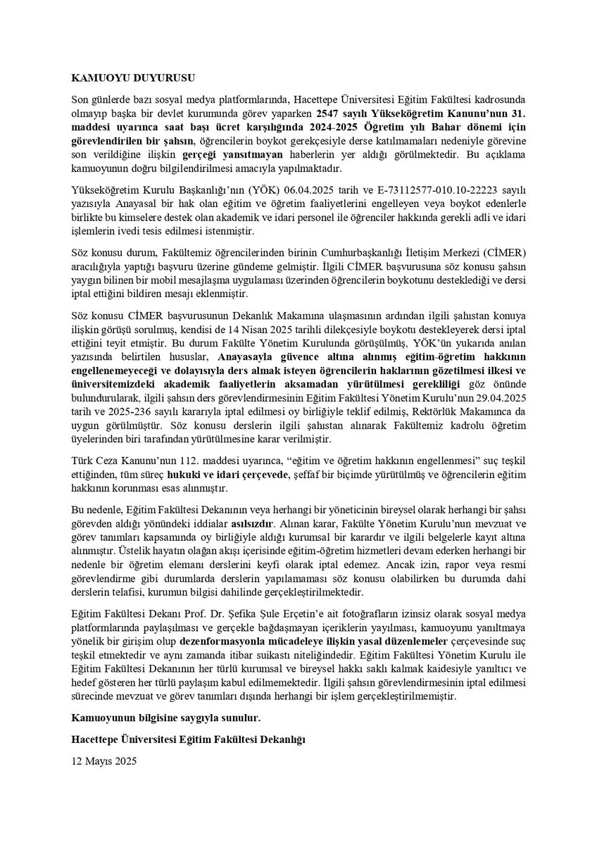 Son günlerde bazı sosyal medya platformlarında paylaşılan yanıltıcı haberlerle ilgili kamuoyunu bilgilendirmek için saygıyla duyurulur.
<a href="/Hacettepe1967/">Hacettepe Üniversitesi</a> 
<a href="/profsefikasule/">Şefika Şule Erçetin</a>