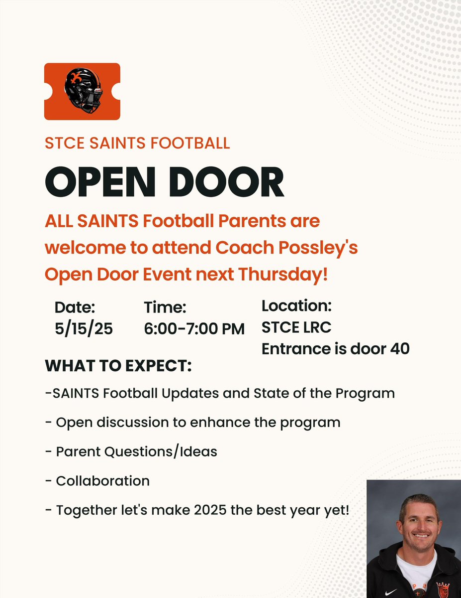 ⚜️SAINTS FOOTBALL PARENTS… please join me Thursday night in the LRC from 6:00-7:00 PM. I’ll share program updates, and then give you the opportunity to ask questions, share ideas, and have productive conversation about SAINTS football⚜️
