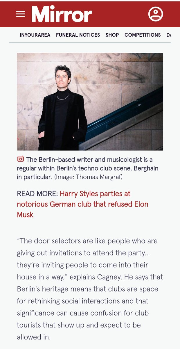 Liam Cagney (@liamcagney) on Twitter photo Interviewed in <a href="/DailyMirror/">The Mirror</a> today about that old chestnut, Berlin club doors and bouncers Interviewed in <a href="/DailyMirror/">The Mirror</a> today about that old chestnut, Berlin club doors and bouncers