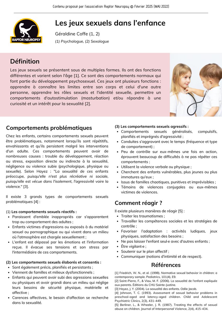 On vous propose aujourd’hui une petite mise à jour de la fiche “les jeux sexuels dans l’enfance”, de Géraldine ! 

Bonne lecture 🦖

raptorneuropsy.com/santesexuelle