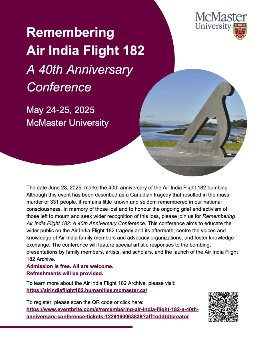 Last call! There are still a few spaces remaining for the upcoming conference commemorating the 40th anniversary of the bombing of Air India Flight 182, taking place May 24-25 at McMaster.

Registration will close *this* Thurs, May 16th. Scan the QR code to register for free!