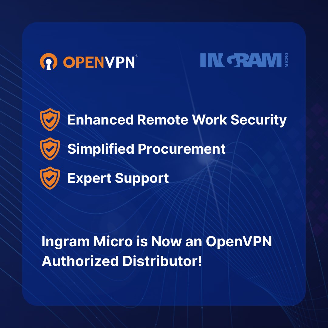 OpenVPN's tweet photo. Our new alliance with @IngramMicroInc means more resources, support, and global reach for OpenVPN partners. It’s a win-win for the channel — and for secure connectivity.
Read the full story: https://t.co/5exzBQAWlD
#PartnerNetwork #OpenVPN #NetworkSecurity https://t.co/87ggTXBLbL