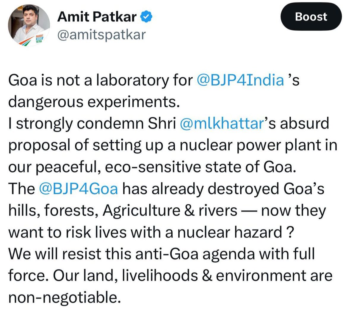 goanewshub's tweet image. BJP&apos;s nuclear power plant proposal for Goa is reckless &amp;amp; unacceptable! Threatens ecology, economy &amp;amp; safety of Goans. Congress will resist this move with full force. #GoaAgainstNuclearPlant #SaveGoa #CongressForGoa