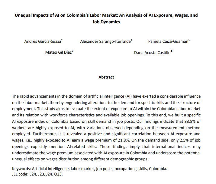 Red Investigadores de Economía (@economia_red) on Twitter photo 📄🤩¡Nuevo documento en el repositorio de la Red!🤩📄
"Unequal Impacts of AI on Colombia's Labor Market: An Analysis of AI Exposure, Wages, and Job Dynamics" -<a href="/GarciaSuaza/">Andres García-Suaza</a> et al.
Este estudio evalúa la exposición a la IA en el mercado laboral colombiano y su relación con..👇🧵 📄🤩¡Nuevo documento en el repositorio de la Red!🤩📄
"Unequal Impacts of AI on Colombia's Labor Market: An Analysis of AI Exposure, Wages, and Job Dynamics" -<a href="/GarciaSuaza/">Andres García-Suaza</a> et al.
Este estudio evalúa la exposición a la IA en el mercado laboral colombiano y su relación con..👇🧵