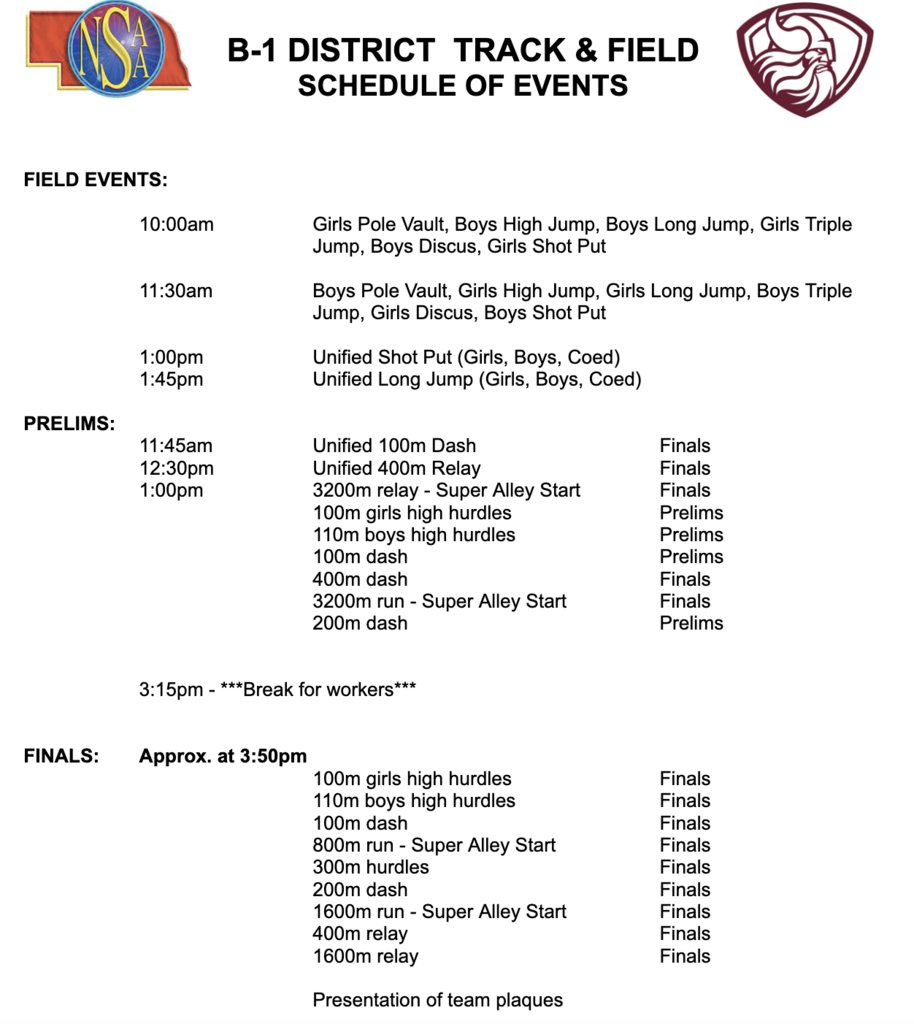 Here is the B-1 District Track Schedule of Events!
