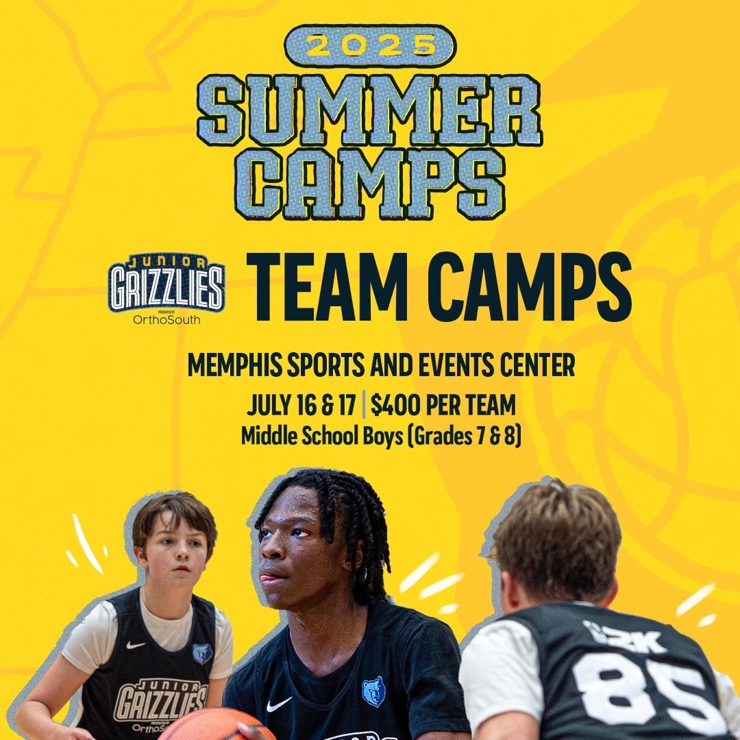 Get your squad together and lock in your spot! 🤝 Junior Grizzlies Team Camp is the place to be this summer. 🐻

📍 Memphis Sports &amp; Events Center
📅 July 16–17
⛹️‍♂️ 7th &amp; 8th Grade Boys
🏀 7+ Games Guaranteed
🏆 Trophy + Grizzlies Tickets
🚨 Register now — bit.ly/3GzSqdz