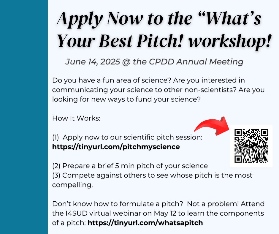 Kelly Dunn, PhD, MBA (@drkellydunn) on Twitter photo Time is running out! If you are attending the <a href="/CPDDorg/">The College on Problems of Drug Dependence</a> #CPDD25 meeting this June, apply NOW to give a brief pitch as part of our workshop and win a small fun prize!
tinyurl.com/pitchmyscience Time is running out! If you are attending the <a href="/CPDDorg/">The College on Problems of Drug Dependence</a> #CPDD25 meeting this June, apply NOW to give a brief pitch as part of our workshop and win a small fun prize!
tinyurl.com/pitchmyscience