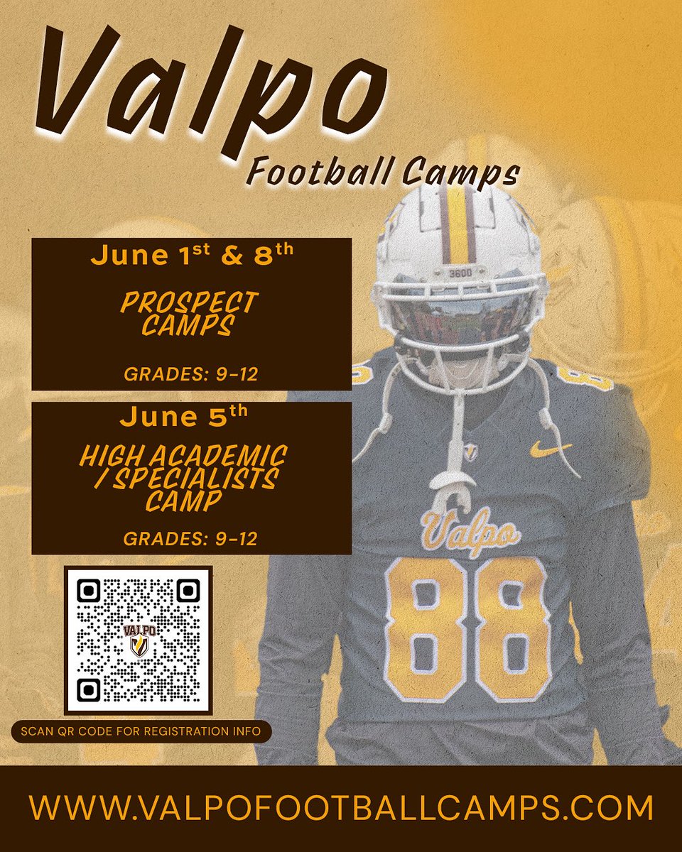 Less than a MONTH away from camp season‼️

Who’s ready to SHOW OUT and earn their SPOT?🟡🟤

🔗 valpofootballcamps.com

#FIGHT_VU | #GOVALPO