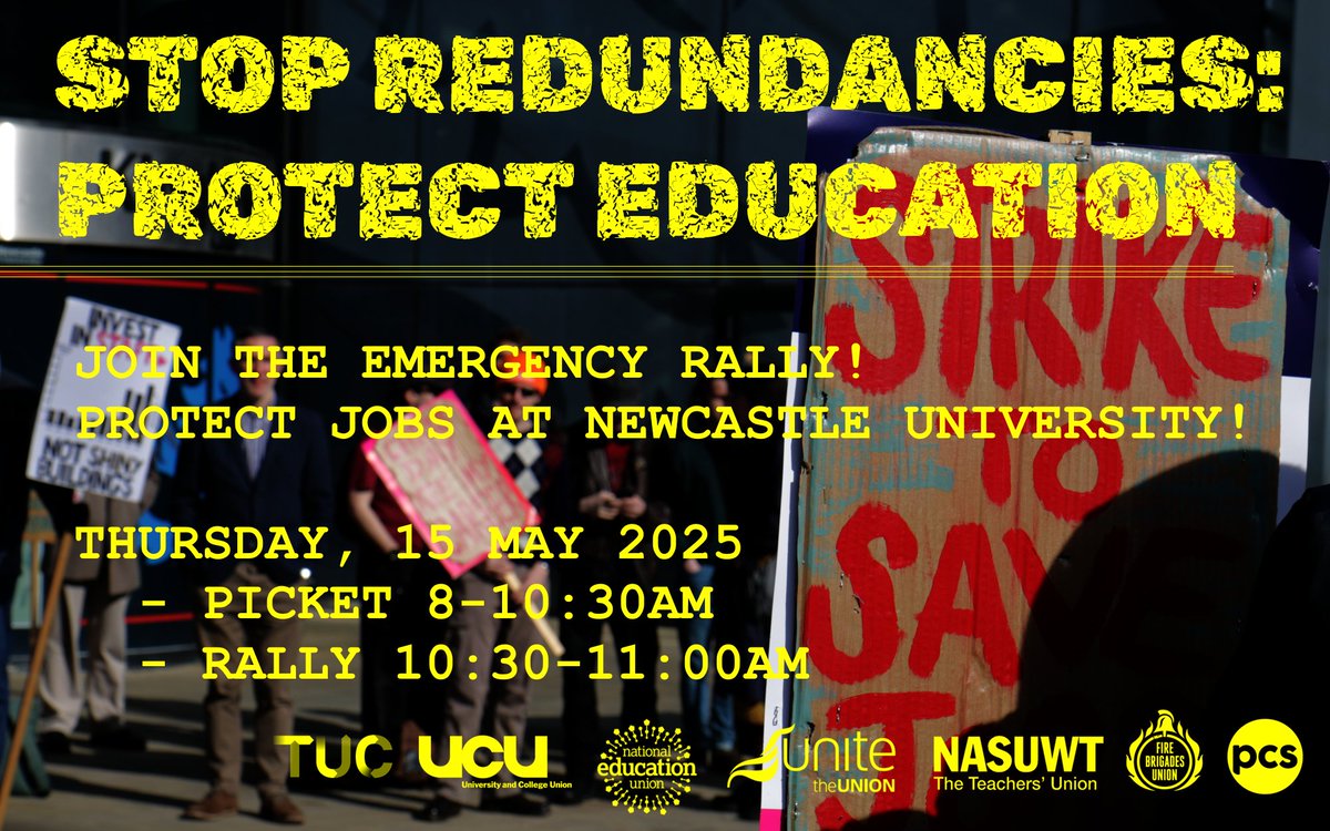 TUC North East, Yorkshire & Humber (@tuc_neyh) on Twitter photo 📢 Emergency Rally – Thurs 15 May 📢
Support striking <a href="/ucunewcastle/">ucunewcastle</a> members standing up for their jobs!
✊ Join the picket 8am - 10:30am
🪧 Rally from 10:30am on
📌 King's Gate building, Barras Bridge NE1 7RU
tuc.org.uk/events/stop-re… 📢 Emergency Rally – Thurs 15 May 📢
Support striking <a href="/ucunewcastle/">ucunewcastle</a> members standing up for their jobs!
✊ Join the picket 8am - 10:30am
🪧 Rally from 10:30am on
📌 King's Gate building, Barras Bridge NE1 7RU
tuc.org.uk/events/stop-re…