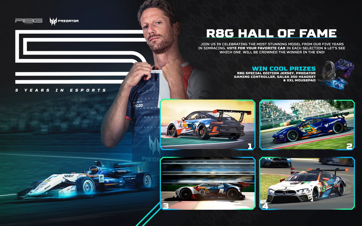 🌟R8G HALL OF FAME🌟
Join us in celebrating the most stunning model from our five years in SimRacing. Vote for your favorite car in each selection &amp; let's see which one will be crowned the winner at the end!
🏎️FIRST SELECTION🏎️
Vote 1️⃣, 2️⃣, 3️⃣, 4️⃣ in comment
🎁 Win cool prizes