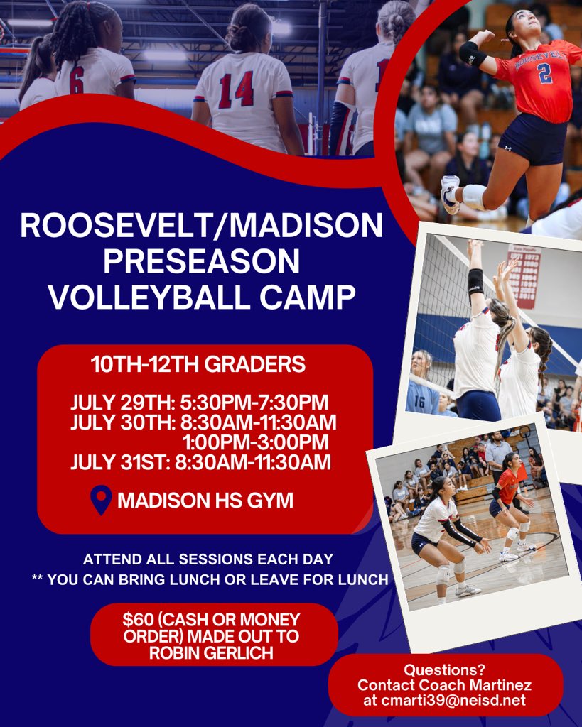 TR Volleyball 5th-9th grade Camp is happening June 9th-11th!! Come out to get ready for your next school year with skills and drills! 🏐

Preseason Volleyball Camp 10th-12th graders will be July 29th-July 31st at Madison HS. Tryouts will be Friday, August 1st, more info to come.