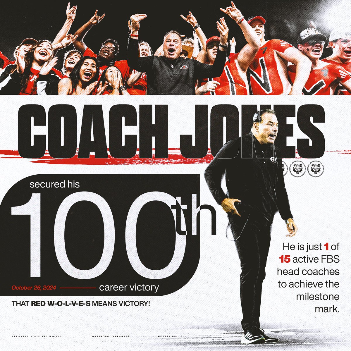 Arkansas State Football (@astatefb) on Twitter photo 💯 Career Wins.
Only 15 active FBS coaches have done it.
Add <a href="/CoachButchJones/">Butch Jones</a> to that list.
#WolvesUp🐺 | #PoundTheRock🪨🔨 💯 Career Wins.
Only 15 active FBS coaches have done it.
Add <a href="/CoachButchJones/">Butch Jones</a> to that list.
#WolvesUp🐺 | #PoundTheRock🪨🔨