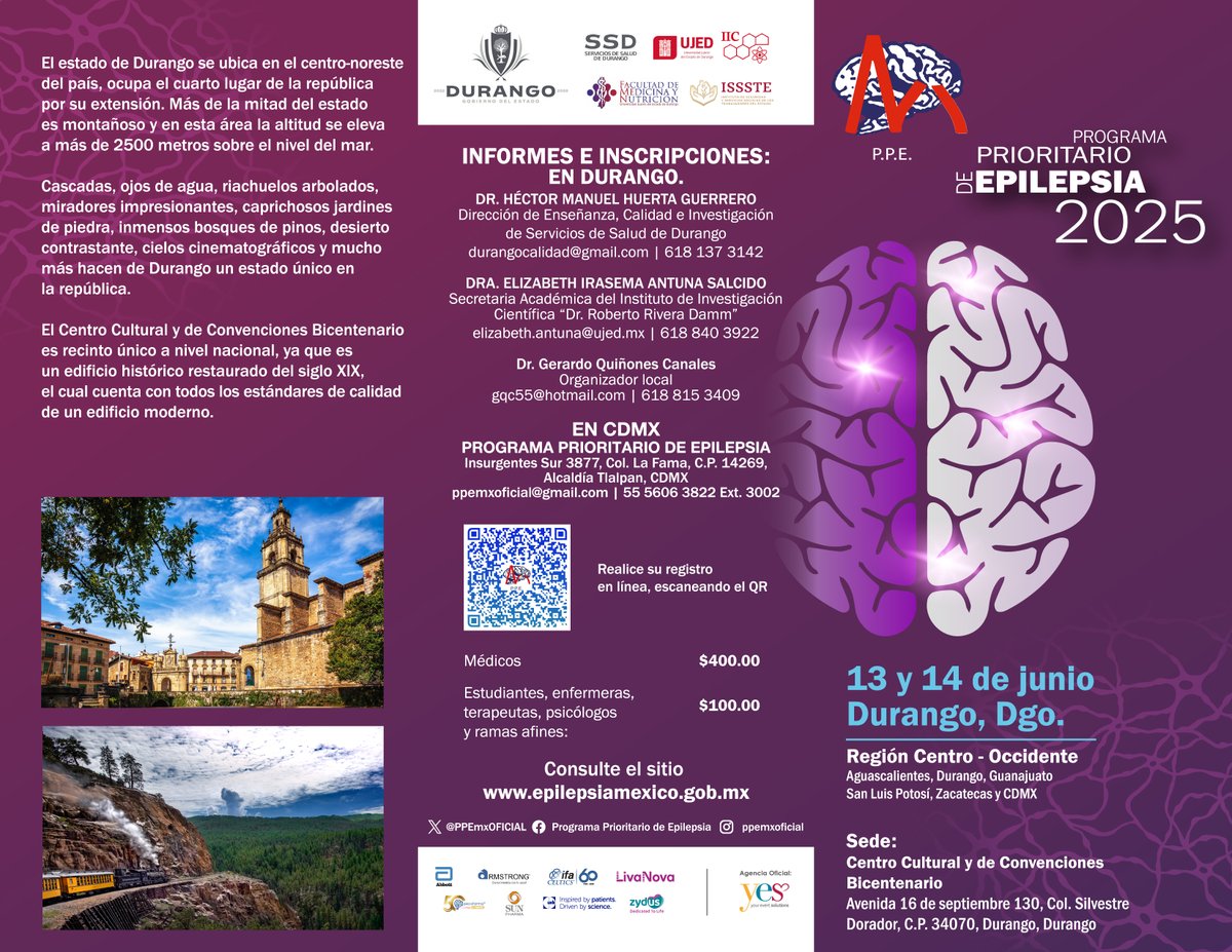 PPEmxOFICIAL's tweet image. Registro abierto para la Reunión Regional Centro-Occidente 2025 en Durango. ¡No te pierdas este evento el 13 y 14 de junio! Regístrate ahora. #Durango 🏥#ReunionRegional2025 #Junio2025 📆 #epilepsia 🧠👀🧠
🔗docs.google.com/forms/d/e/1FAI…