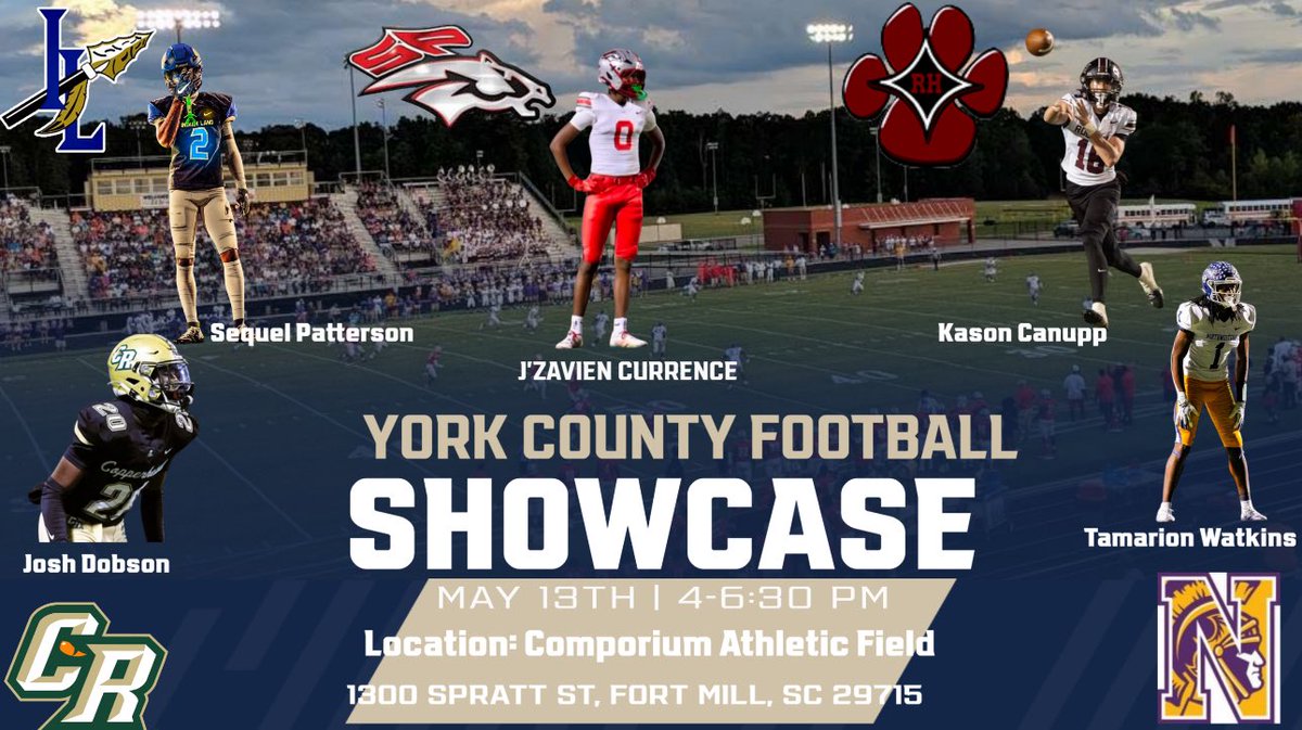 South Pointe Football (@footballsphs) on Twitter photo 🚨🚨🚨🚨
Due to weather conditions, our Football Showcase will now be at Comporium Athletic Fields….
1300 Spratt St. Fort Mill, SC.
<a href="/RockHillSchools/">Rock Hill Schools</a> <a href="/southpointeFBSC/">Coach Bobby Collins</a> <a href="/Coach_JDuncan/">Jimmy Duncan, CAA</a> <a href="/southpointeFBSC/">Coach Bobby Collins</a> <a href="/JZavien/">J’Zavien Currence</a> <a href="/kaiden_watkins/">Kaiden “boogie” Watkins</a> <a href="/CamMcMillon/">Cameron McMillon</a> <a href="/Abaxter2026/">Anthony Baxter</a> <a href="/BrysenGinn/">Brysen Ginn- LB/Edge #33</a> <a href="/malikratliff123/">Malik “Freak” Ratliff</a> 🚨🚨🚨🚨
Due to weather conditions, our Football Showcase will now be at Comporium Athletic Fields….
1300 Spratt St. Fort Mill, SC.
<a href="/RockHillSchools/">Rock Hill Schools</a> <a href="/southpointeFBSC/">Coach Bobby Collins</a> <a href="/Coach_JDuncan/">Jimmy Duncan, CAA</a> <a href="/southpointeFBSC/">Coach Bobby Collins</a> <a href="/JZavien/">J’Zavien Currence</a> <a href="/kaiden_watkins/">Kaiden “boogie” Watkins</a> <a href="/CamMcMillon/">Cameron McMillon</a> <a href="/Abaxter2026/">Anthony Baxter</a> <a href="/BrysenGinn/">Brysen Ginn- LB/Edge #33</a> <a href="/malikratliff123/">Malik “Freak” Ratliff</a>