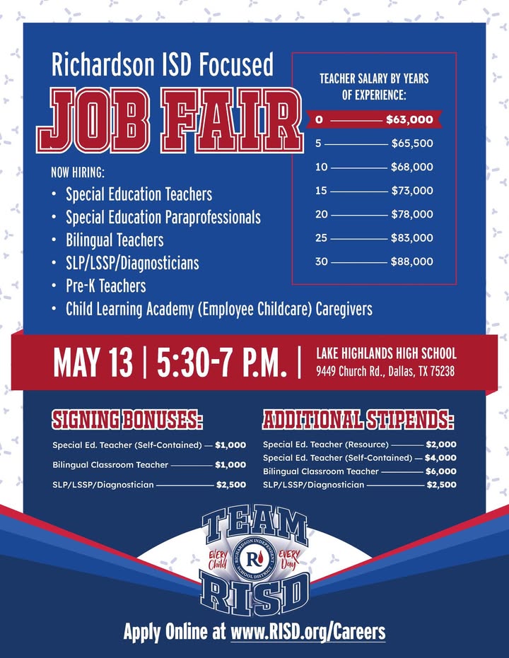 📢 Richardson ISD is hiring! Join us for a Focused Job Fair on May 13, 5:30–7 p.m. at Lake Highlands High School. We're hiring bilingual and special education teachers, SLPs, Pre-K educators and more. 

Signing bonuses and stipends available! 

Apply: RISD.org/Careers