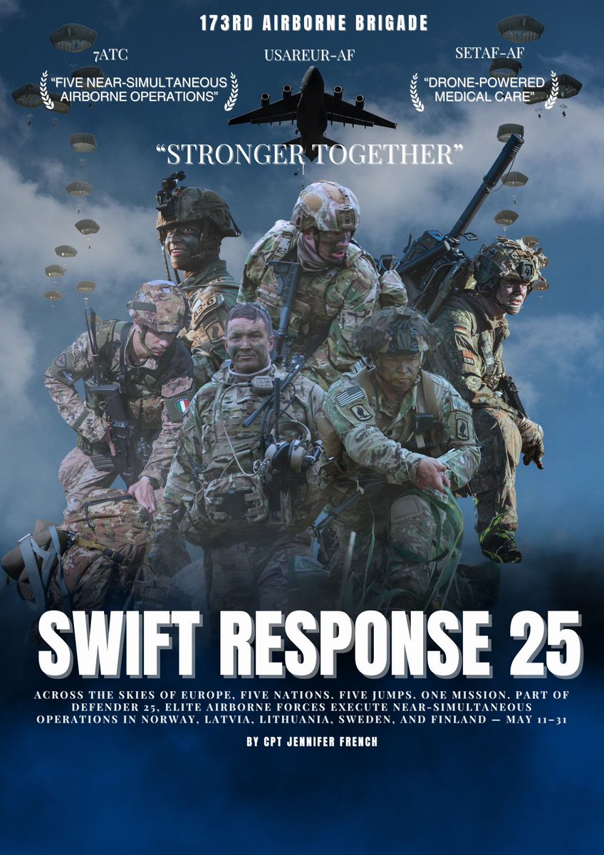 #SkySoldiers 🪂 from the 173rd Airborne Brigade join NATO allies for Swift Response 25—a high-stakes, multinational operation spanning five Northern European nations.

U.S. Army 🎨 by Capt. Jennifer French