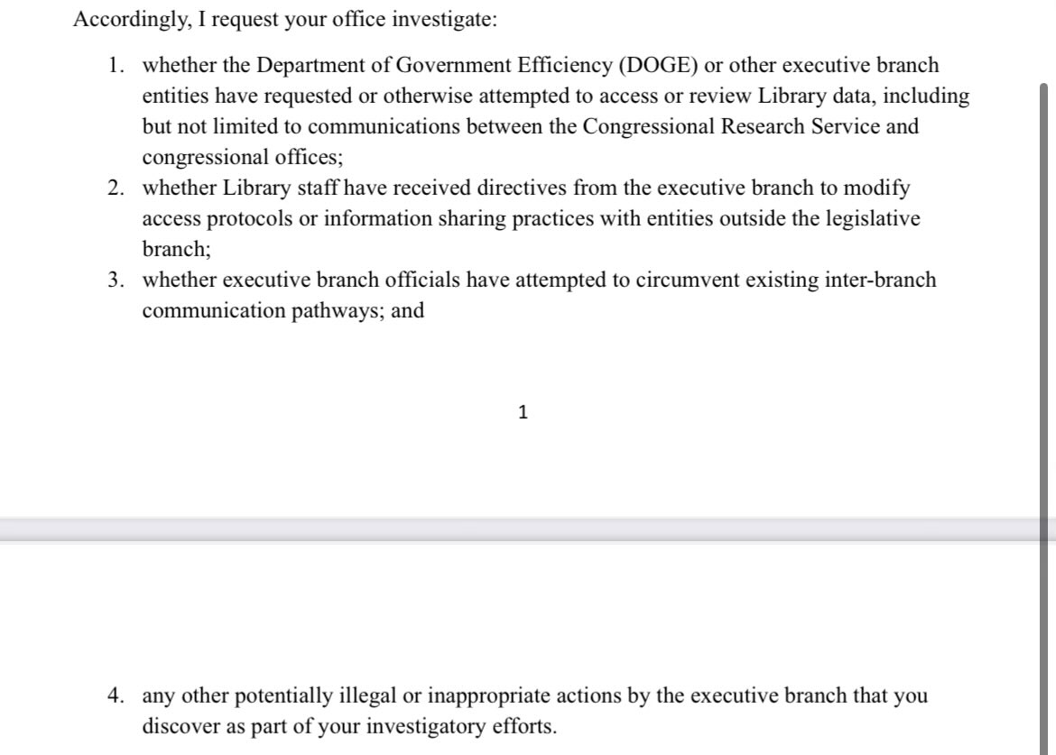 Group of House Dems led by Morelle/DeLauro wants Library of Congress IG to investigate potential exec branch/DOGE meddling at Library of Congress 

democrats-cha.house.gov/sites/evo-subs…