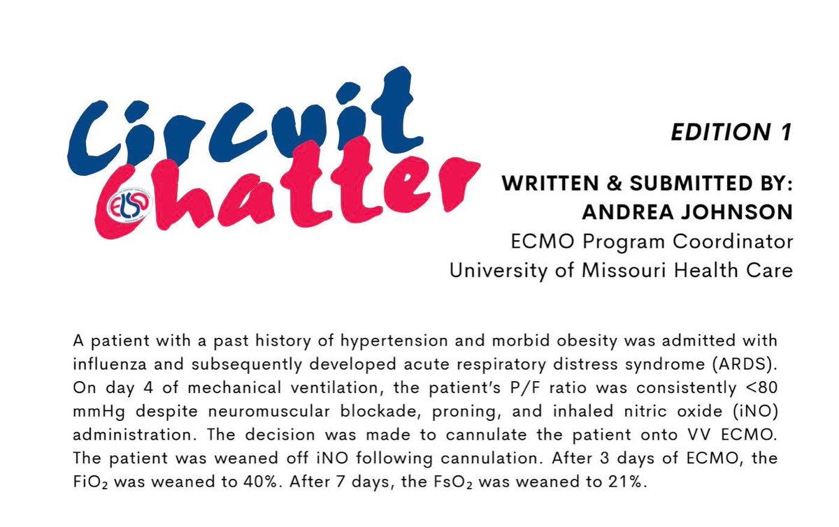 🛏 Contribute to <a href="/ELSOOrg/">ELSO</a>  'Circuit Chatter'! Send cases demonstrating an important principle in neonatal, pediatric, adult #ECMO management. Submit brief history to highlight principal clinical details + learning points between 300-700 words. It will be edited/published.
⏳