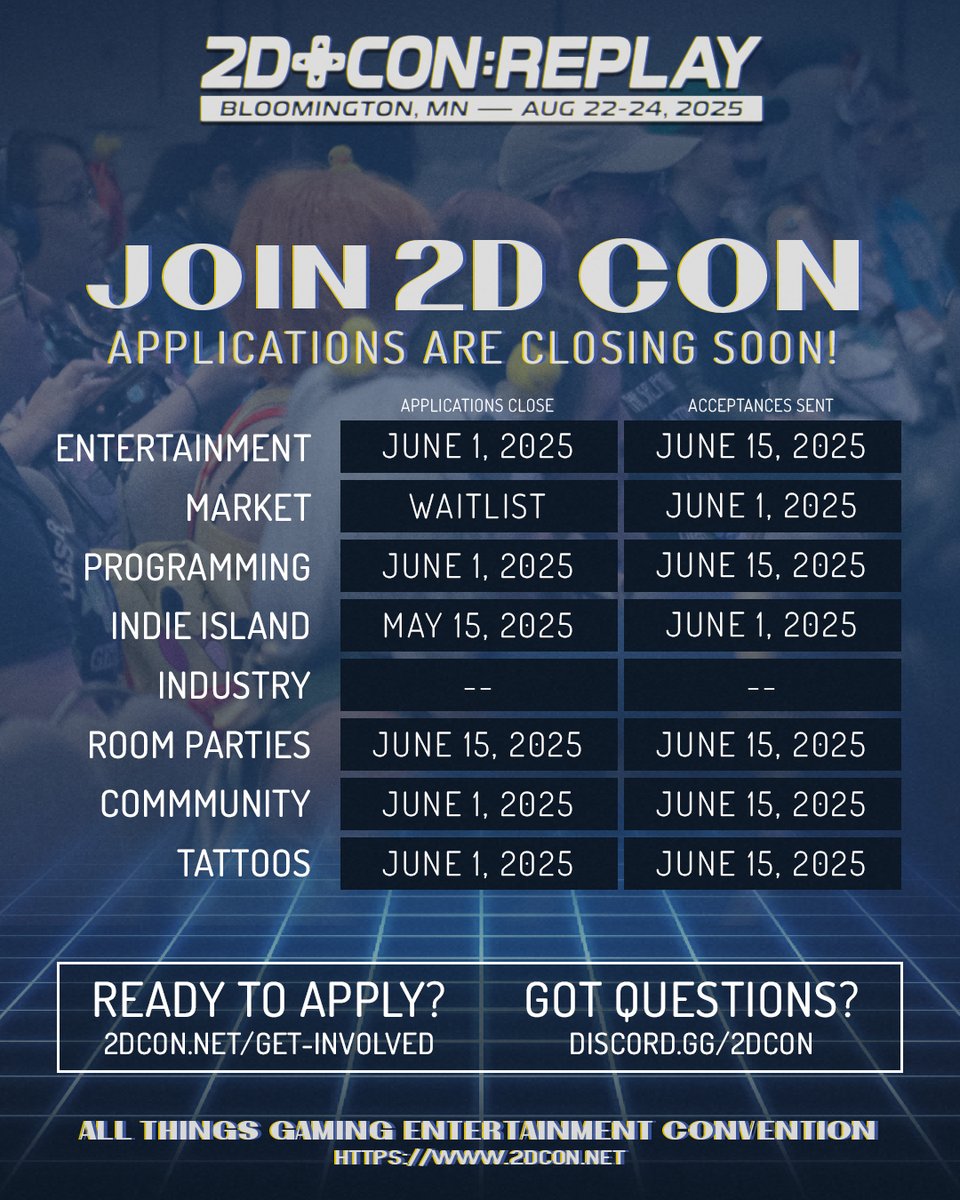 Be a part of Minnesota's Largest Gaming Event! Applications are closing soon. 

Learn more at 2DCon.net/get-involved