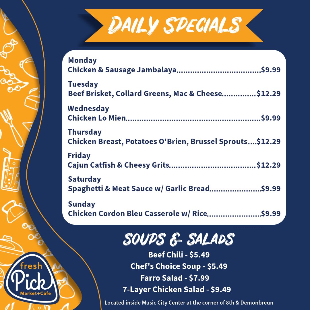 Make lunch plans with <a href="/pick_cafe/">Fresh Pick Market and Cafe</a>. 😃 Choose a #DailySpecial or grab a made-to-order meal or snack. Open all week rain or shine! ☀️☔ #DowntownNashville #LetsEat