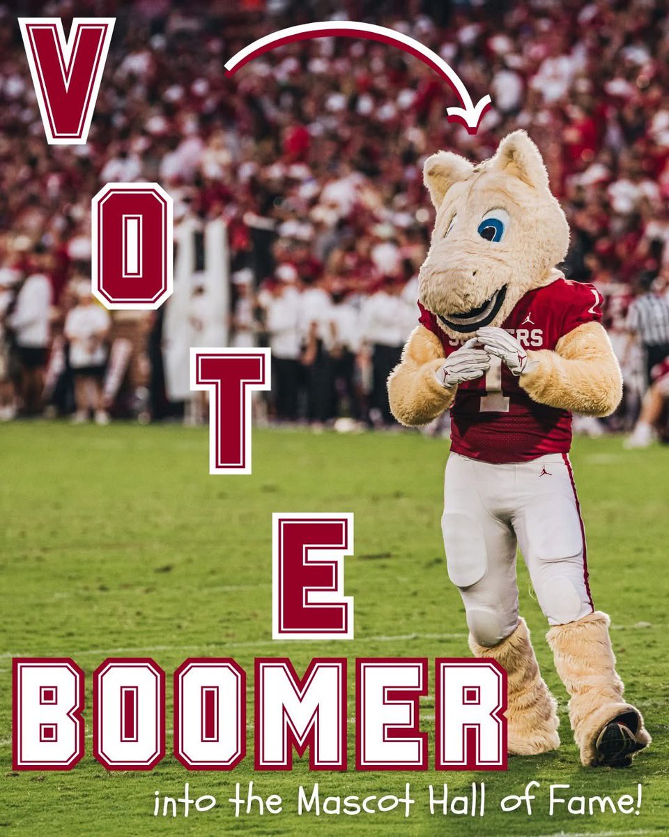 𝐁𝐨𝐨𝐦𝐞𝐫 𝐢𝐬 𝐨𝐧 𝐭𝐡𝐞 𝐛𝐚𝐥𝐥𝐨𝐭 𝐟𝐨𝐫 𝐭𝐡𝐞 𝐨𝐟𝐟𝐢𝐜𝐢𝐚𝐥 𝐌𝐚𝐬𝐜𝐨𝐭 𝐇𝐚𝐥𝐥 𝐨𝐟 𝐅𝐚𝐦𝐞! Now, we need yOUr help, Sooner Nation, to get voted in! 
𝘏𝘰𝘸 𝘤𝘢𝘯 𝘺𝘰𝘶 𝘩𝘦𝘭𝘱?
✔️ Vote for Boomer here: mascothalloffame.com/2025-the-vote/
✔️ Vote every day until May 24th