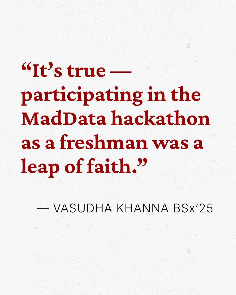 UW–Madison Computer Sciences (@wisconsincs) on Twitter photo Meet Vasudha Khanna, a spring 2025 grad and former president of <a href="/dotdatascience/">Dot DataScience</a>.
“Participating in the MadData hackathon as a freshman was a leap of faith,” says Khanna. “What really pulled me in was the opportunity to lead.”
Get Khana's full story: cs.wisc.edu/2025/05/09/spr… Meet Vasudha Khanna, a spring 2025 grad and former president of <a href="/dotdatascience/">Dot DataScience</a>.
“Participating in the MadData hackathon as a freshman was a leap of faith,” says Khanna. “What really pulled me in was the opportunity to lead.”
Get Khana's full story: cs.wisc.edu/2025/05/09/spr…