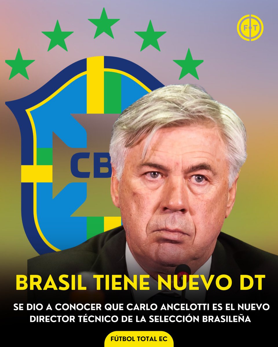 FutbolTotalEcua's tweet photo. 🚨𝐎𝐅𝐈𝐂𝐈𝐀𝐋 | Carlo Ancelotti llegaría a Brasil para ser el director técnico de la Selección Brasileña, se convertirá en el cuarto técnico sin nacionalidad brasileña en dirigir a la Verdeamarela🟢🟡

#Eliminatorias #futbolec #Brasil https://t.co/OD8WGprcWT