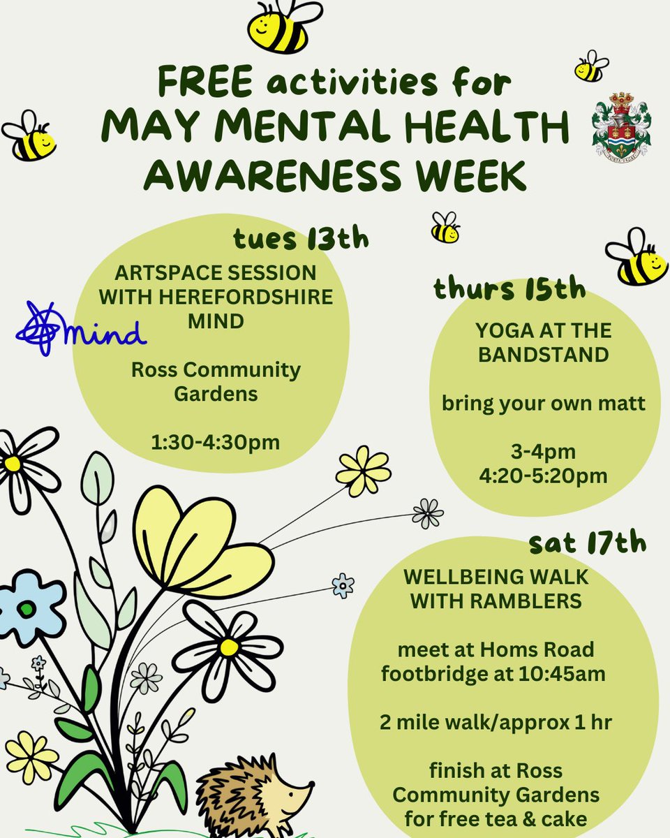 Ross-on-Wye Town Council (@rossonwyetc) on Twitter photo Check out the FREE activities we are running alongside mental health awareness week!
These are aimed at teenagers and adults, but email tyourism@rosstcherefordshire.gov.uk if you have ay questions. Check out the FREE activities we are running alongside mental health awareness week!
These are aimed at teenagers and adults, but email tyourism@rosstcherefordshire.gov.uk if you have ay questions.