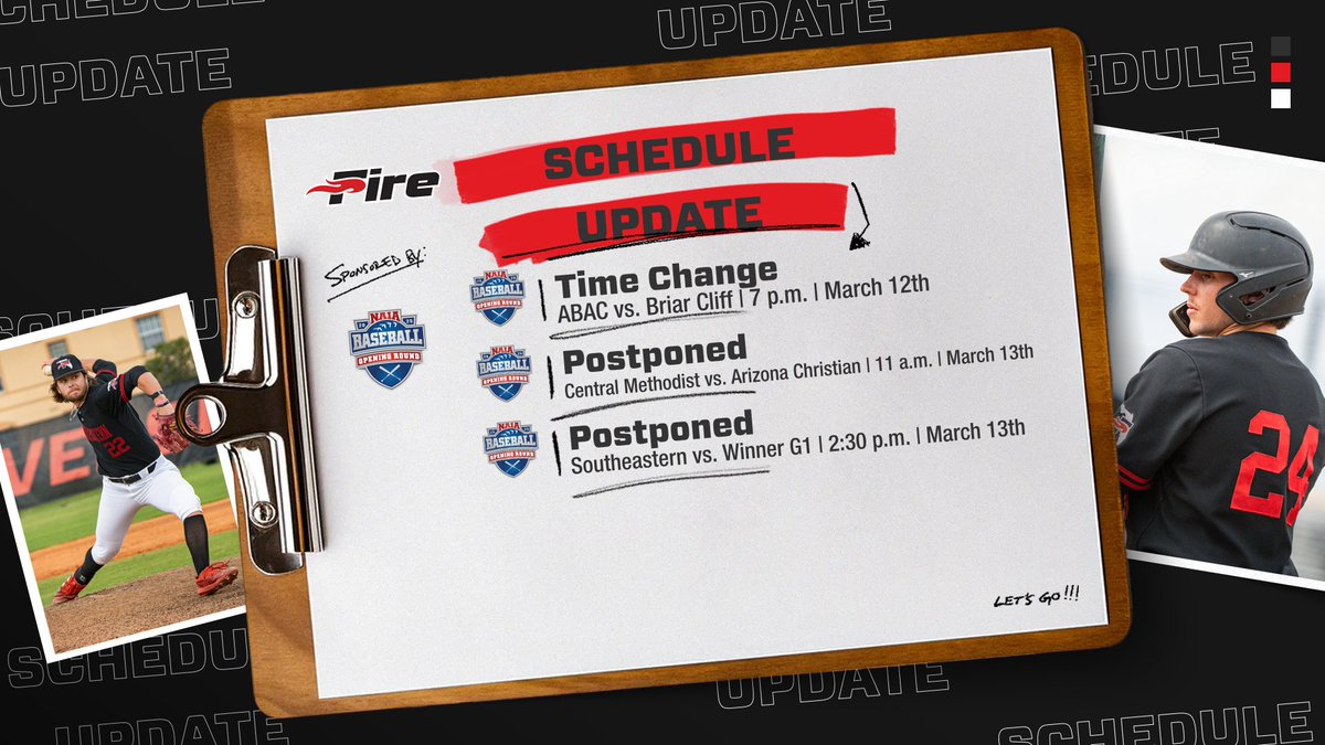 🚨SCHEDULE UPDATE🚨

Due to consistent rain, the schedule for the <a href="/NAIA/">NAIA</a> Baseball Opening Round in Lakeland, Fla. has been updated.

Please see this link for the new schedule: fire.seu.edu/sports/2025/5/…

#FuelTheFire🔥 #TheRightWaytoPlay #NAIABaseball #BattleForTheRedBanner <a href="/NAIABall/">NAIA Ball</a>