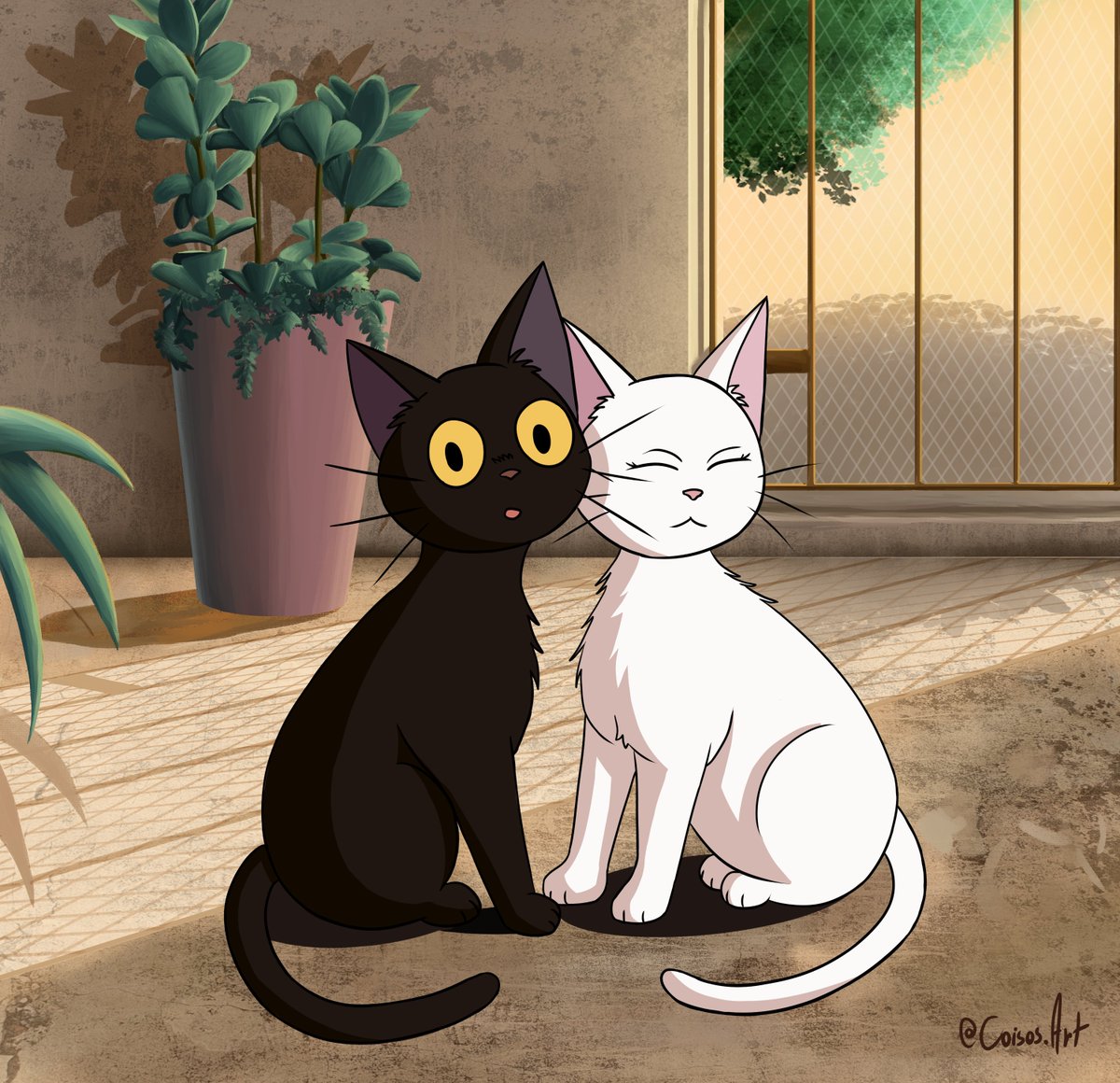 Ilustração que fiz para <a href="/zeferin0/">zef</a> de seus dois gatinhos, inspirado no estilo do estúdio Ghibli &lt;3
#comission