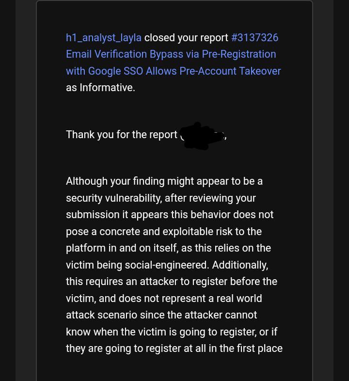 54ad0n's tweet image. Found a pre-account takeover vulnerability where an attacker registers an account before a victim signs up using OAuth or email invite.
Basically, you can hijack an account before it exists, but I guess it&apos;s &quot;not a risk&quot; @Hacker0x01 🙃
#BugBounty #InfoSec #WebSecurity