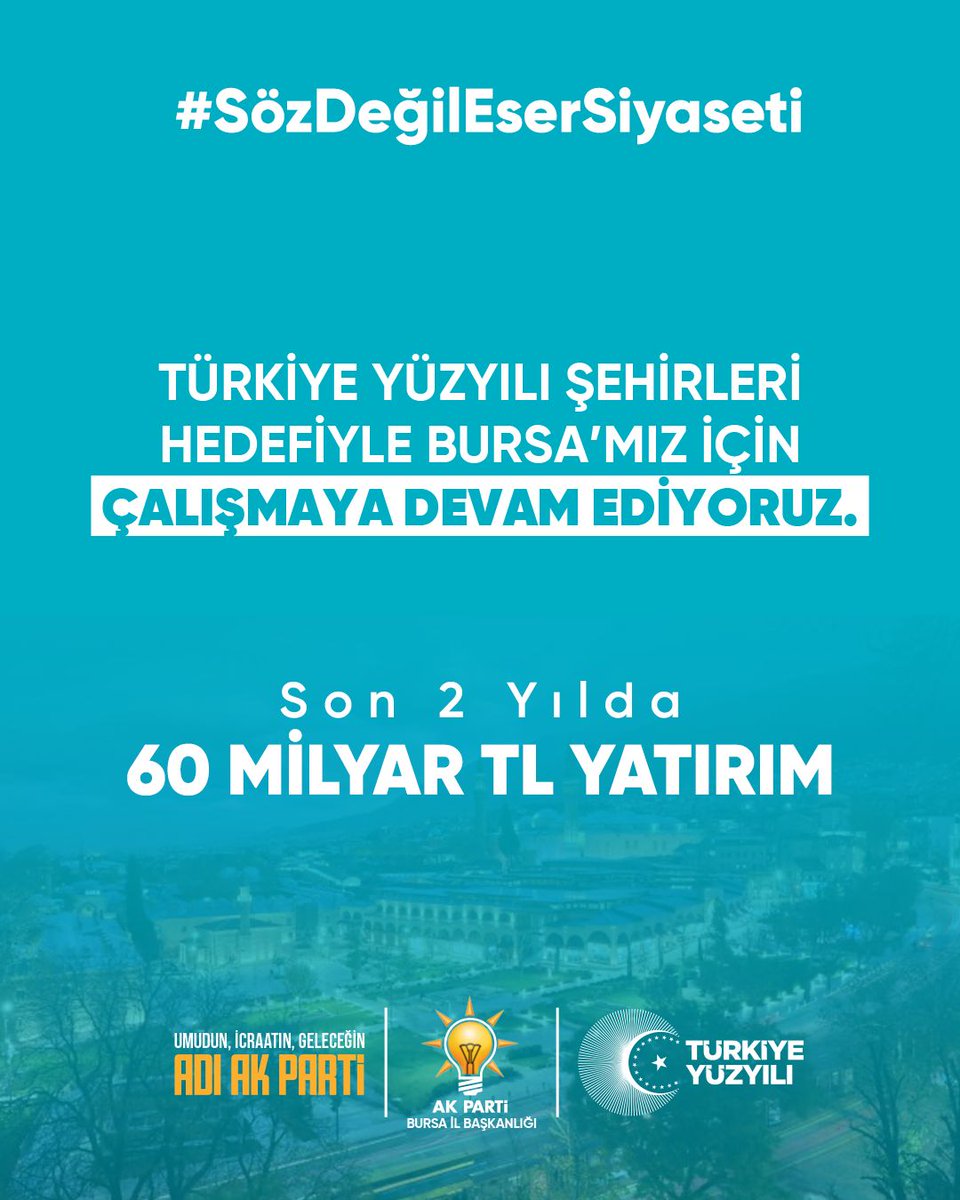 Davut Gürkan (@davutgurkan) on Twitter photo Türkiye Yüzyılı Şehirleri hedefiyle Bursa’mızı geleceğe hazırlıyoruz!🇹🇷
AK Parti olarak son 2 yılda Bursa’mıza 60 Milyar TL yatırım kazandırdık. #SözDeğilEserSiyaseti vizyonumuzla üretmeye, çalışmaya devam ediyoruz.
<a href="/efkanala/">Efkan Âlâ</a>
<a href="/abuyukgumus/">Ahmet Büyükgümüş</a>
<a href="/ozboyaciselman/">Selman Özboyacı</a> Türkiye Yüzyılı Şehirleri hedefiyle Bursa’mızı geleceğe hazırlıyoruz!🇹🇷
AK Parti olarak son 2 yılda Bursa’mıza 60 Milyar TL yatırım kazandırdık. #SözDeğilEserSiyaseti vizyonumuzla üretmeye, çalışmaya devam ediyoruz.
<a href="/efkanala/">Efkan Âlâ</a>
<a href="/abuyukgumus/">Ahmet Büyükgümüş</a>
<a href="/ozboyaciselman/">Selman Özboyacı</a>