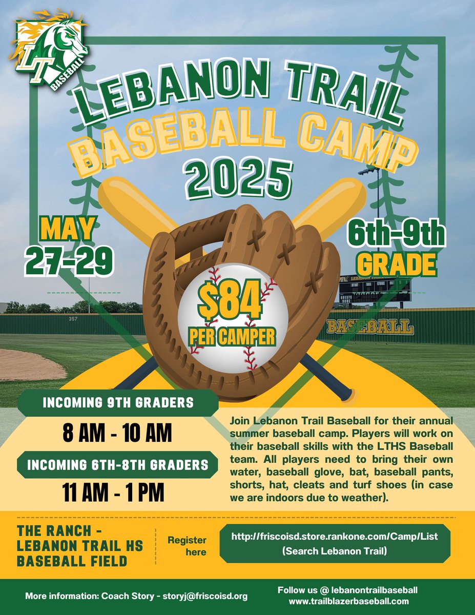 ⚾️ Join us for the Lebanon Trail Baseball Camp!
📅 May 27–29
🕚8AM-10AM (incoming 9th grade)
🕚11AM–1PM (incoming 6th-8th grade)
📍 The Ranch at Lebanon Trail HS 

Train with coaches &amp; current players!
More details in the flyer!
#TrailBlazerBaseball #FriscoTX #YouthBaseball #AAIT