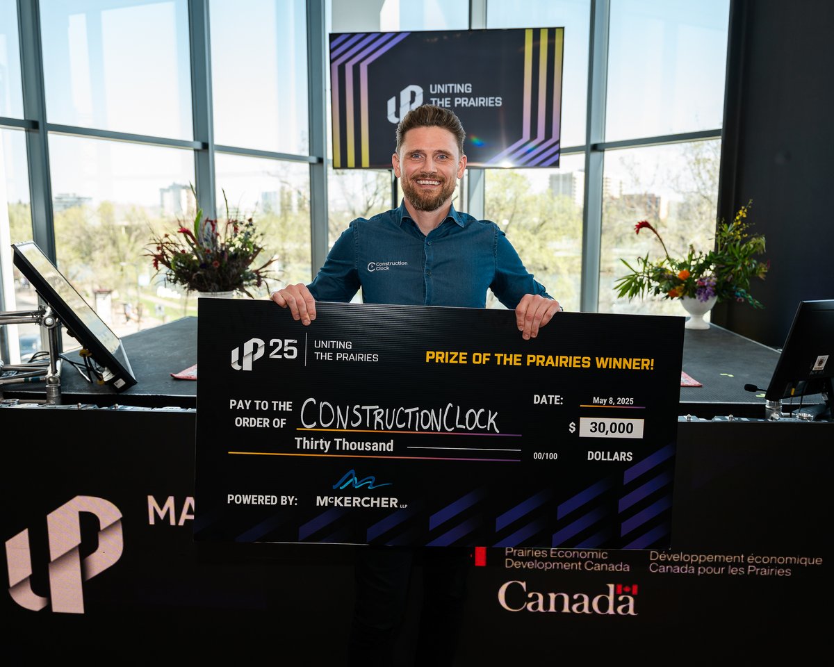 Uniting the Prairies (@unitingprairies) on Twitter photo Nailed it 🔨
<a href="/constructclock/">ConstructionClock</a> secured the $30K cash prize, powered by <a href="/McKercherLLP/">McKercher LLP</a>, as the first-ever Prize of the Prairies winner!
The MB-based startup is automating time tracking to reduce payroll errors & supply contractors with real-time cost visibility across jobs. Nailed it 🔨
<a href="/constructclock/">ConstructionClock</a> secured the $30K cash prize, powered by <a href="/McKercherLLP/">McKercher LLP</a>, as the first-ever Prize of the Prairies winner!
The MB-based startup is automating time tracking to reduce payroll errors & supply contractors with real-time cost visibility across jobs.