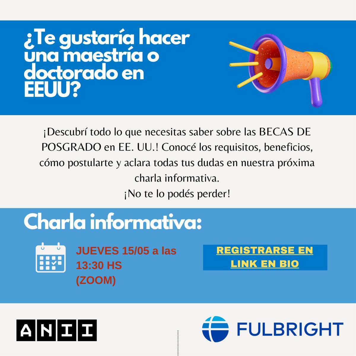 Fulbright Uruguay (@fulbrightuy) on Twitter photo ¿Querés hacer una maestría o un doctorado en Estados Unidos con una beca Fulbright en coordinación con <a href="/ANIIuy/">ANII - Uruguay</a>?🇺🇸🇺🇾
📅Tenés tiempo para postular hasta el 20/05
📣 No te pierdas la última charla informativa este jueves a las 13:30hs, por Zoom. Inscribite: bit.ly/42C4q5b ¿Querés hacer una maestría o un doctorado en Estados Unidos con una beca Fulbright en coordinación con <a href="/ANIIuy/">ANII - Uruguay</a>?🇺🇸🇺🇾
📅Tenés tiempo para postular hasta el 20/05
📣 No te pierdas la última charla informativa este jueves a las 13:30hs, por Zoom. Inscribite: bit.ly/42C4q5b