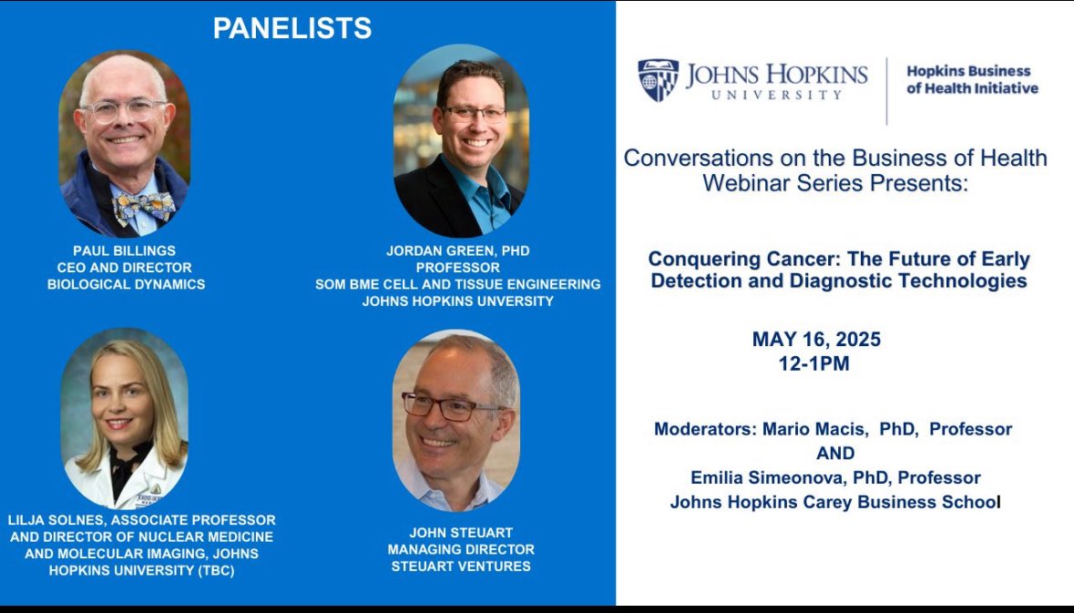 Conversations On The Business of Health!

Friday, May 16
12:00 PM Eastern

Join Emilia Simeonova &amp; me for our last HBHI webinar for this academic year with four outstanding panelists to discuss early cancer detection and diagnostic technologies.

#PaulBillings #JordanGreen