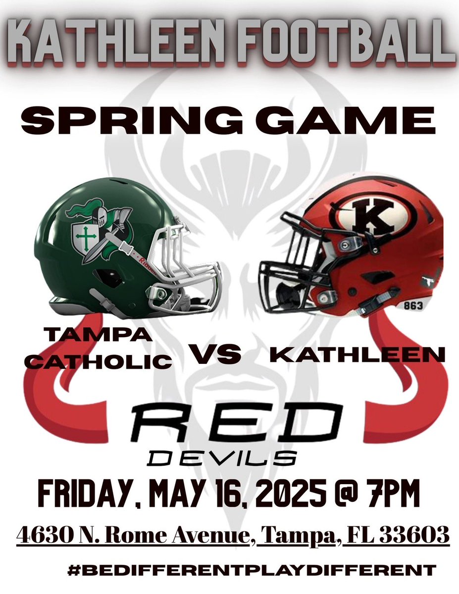 FRIDAY NIGHT LIGHTS ARE BACK!

Kathleen Red Devils vs. Tampa Catholic Crusaders
Spring Football Showdown

Come out and witness the next wave of Red Devil greatness as we battle one of the top programs in the state. Let’s pack the stands and show what Red Devil Pride is all about!
