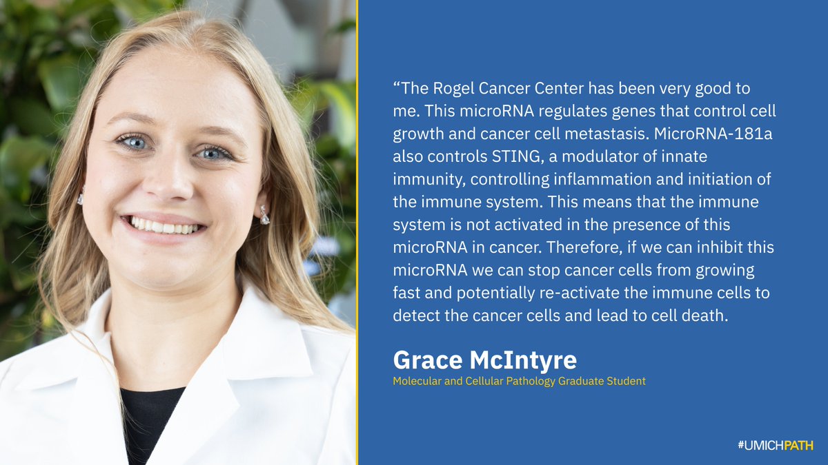 Michigan Pathology (@umichpath) on Twitter photo Join us in congratulating <a href="/MCP_Grad_Prog/">UM MCP Grad Program</a> student Grace McIntyre, winner of the 2025 <a href="/UMRogelCancer/">U-M Rogel Cancer Center</a> Center Graduate Student Scholarship!
Grace, a member of the <a href="/DiFeoLab/">Analisa DiFeo</a>, is being recognized for her innovative work targeting microRNA-181a, a key player in cancer growth and immune Join us in congratulating <a href="/MCP_Grad_Prog/">UM MCP Grad Program</a> student Grace McIntyre, winner of the 2025 <a href="/UMRogelCancer/">U-M Rogel Cancer Center</a> Center Graduate Student Scholarship!
Grace, a member of the <a href="/DiFeoLab/">Analisa DiFeo</a>, is being recognized for her innovative work targeting microRNA-181a, a key player in cancer growth and immune