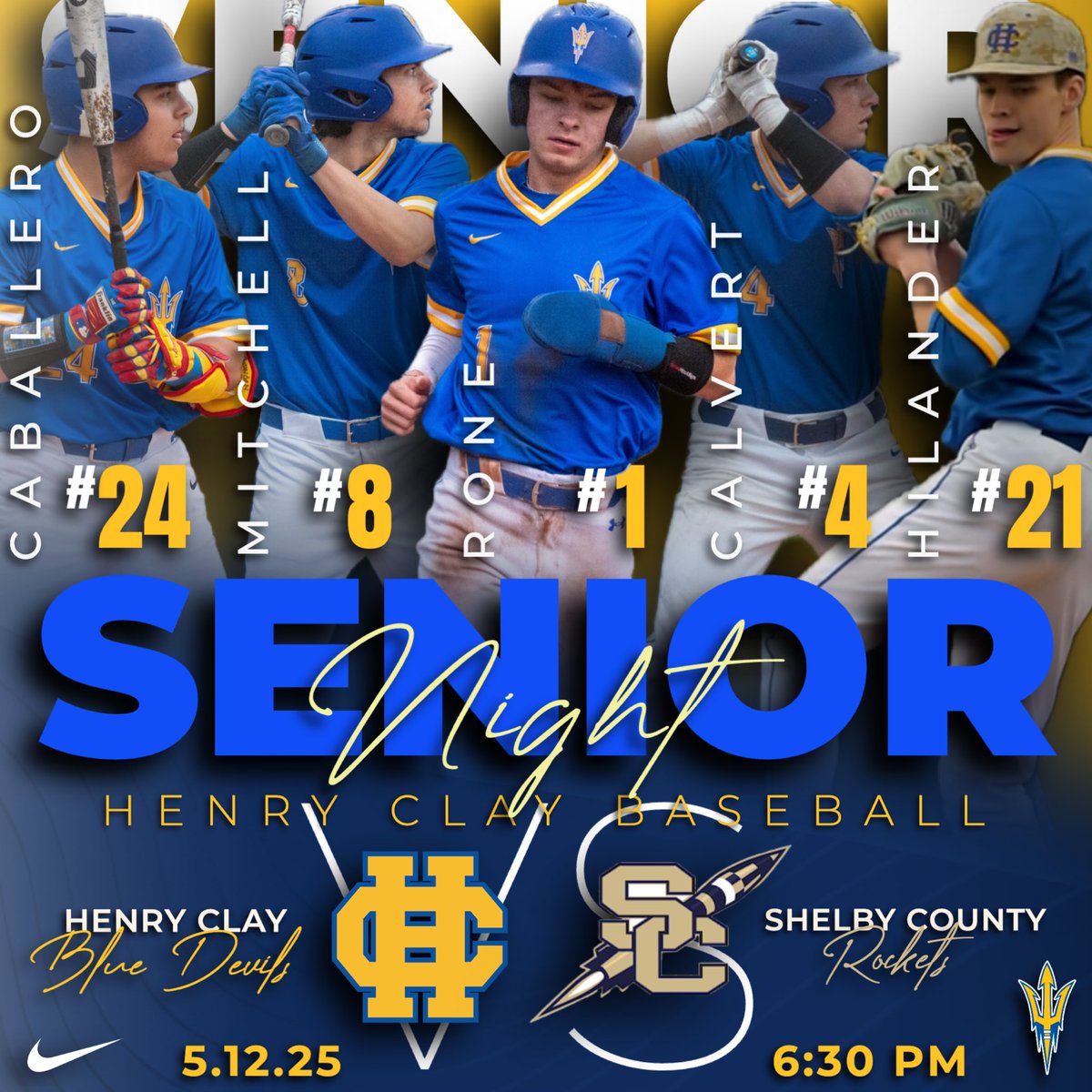 Henry Clay Baseball (@hchsbaseball25) on Twitter photo Senior Night!!
Join us in celebrating our 5 class of 2025 seniors!
#1 <a href="/ian_rone1/">Ian Rone</a>
#4 <a href="/BMCalvert23/">Brandon Calvert</a>
#8 <a href="/Calebsmitch/">Caleb Mitchell</a>
#21 <a href="/HilanderKade/">Kade Hilander</a>
#24 <a href="/BC24Caballero/">Branden Caballero</a>
#Family 🤘🏻 Senior Night!!
Join us in celebrating our 5 class of 2025 seniors!
#1 <a href="/ian_rone1/">Ian Rone</a>
#4 <a href="/BMCalvert23/">Brandon Calvert</a>
#8 <a href="/Calebsmitch/">Caleb Mitchell</a>
#21 <a href="/HilanderKade/">Kade Hilander</a>
#24 <a href="/BC24Caballero/">Branden Caballero</a>
#Family 🤘🏻
