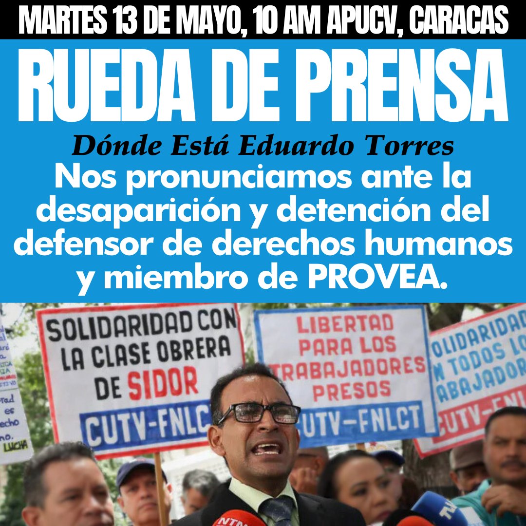 Han pasado más de 68 horas sin noticias de Eduardo Torres, defensor y miembro de PROVEA desaparecido desde el pasado viernes en Caracas. #DóndeEstáEduardo

Este martes #13Mayo tendremos rueda de prensa a las 10 en la APUCV, Caracas, exigiendo respeto al debido proceso, su vida e