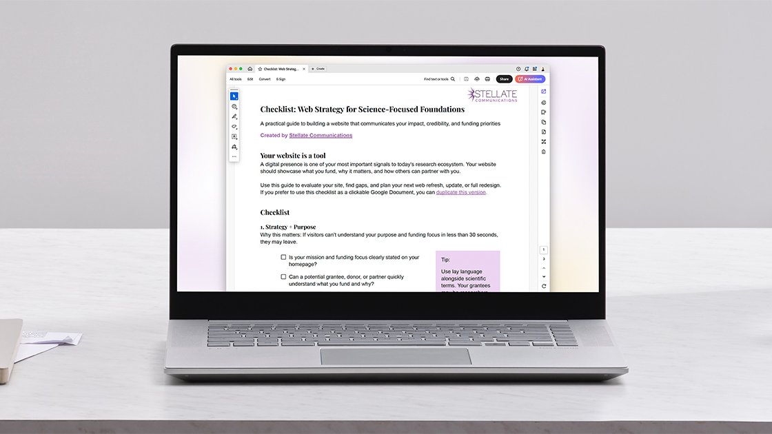 Is your foundation’s website pulling its weight?

Our free Web Strategy Checklist helps science-focused funders evaluate what’s working — and what might be holding you back.

Find out how well you are showcasing your impact online:
📥 stellatecomms.kit.com/foundations-we…