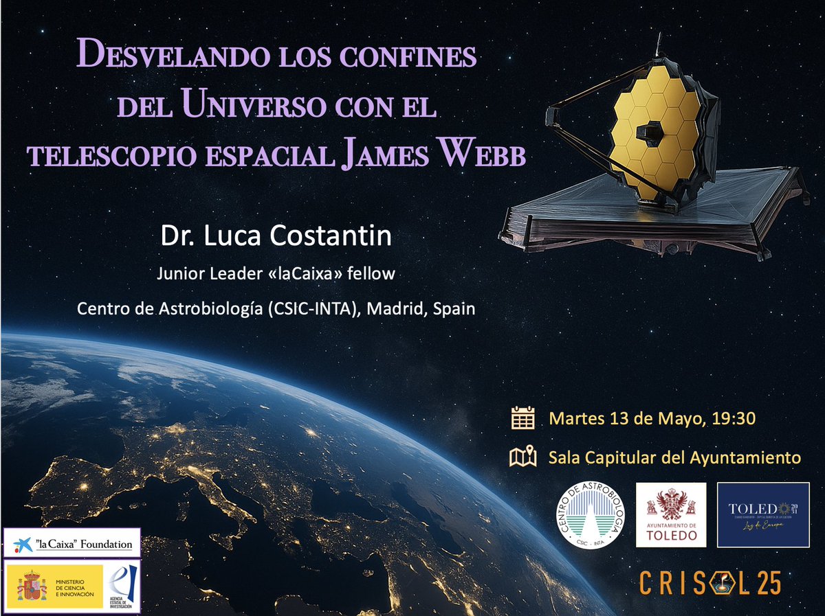 Luca Costantin (@costantin_l) on Twitter photo 📢 Charla pública "Desvelando los confines del Universo con el telescopio espacial James Webb" 🔭🛰️
📅 Martes 13 de Mayo, 19:30
📌 Sala Capitular del Ayuntamiento, <a href="/ToledoAyto/">Ayuntamiento de Toledo</a>
Más información aquí: toledo.es/conferencia-de… 📢 Charla pública "Desvelando los confines del Universo con el telescopio espacial James Webb" 🔭🛰️
📅 Martes 13 de Mayo, 19:30
📌 Sala Capitular del Ayuntamiento, <a href="/ToledoAyto/">Ayuntamiento de Toledo</a>
Más información aquí: toledo.es/conferencia-de…